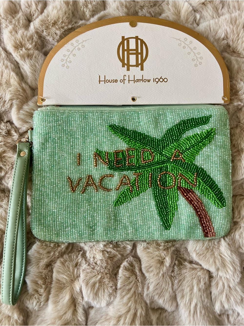 House of Harlow 1960 Green Beaded 'I Need a Vacation' Wristlet